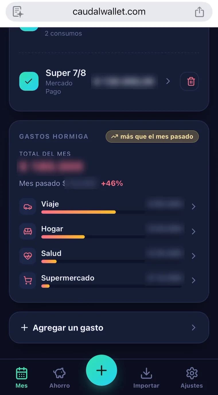 Caudal open on a phone at caudalwallet.com, showing the small-expenses panel with the categories Viaje, Hogar, Salud and Supermercado, and a 46% increase over last month. Amounts are blurred.